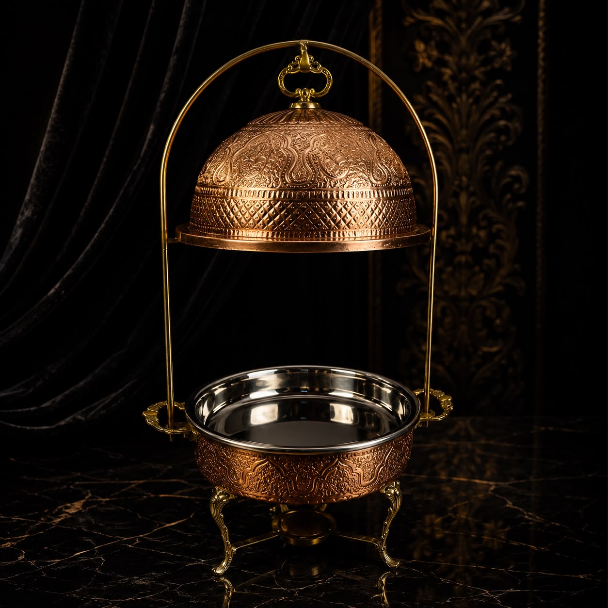 Royal Engraved Copper Round Chafing Dish