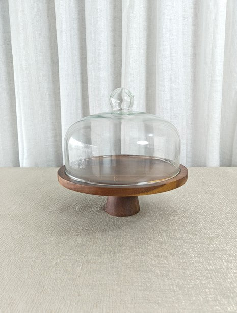Wooden Cake Stand with Glass Dome