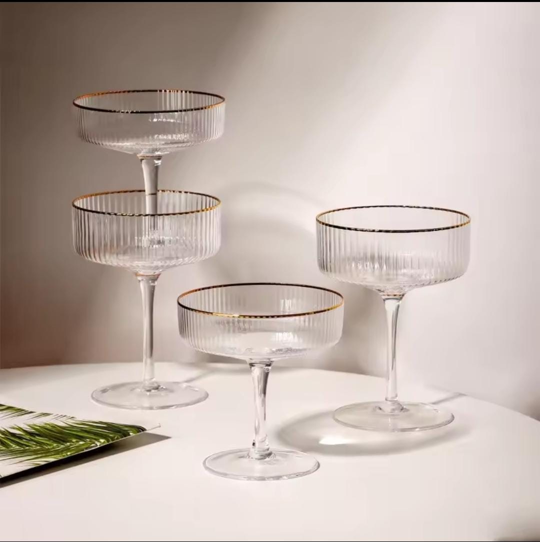 Ribbed Champagne Coupe Glass with Gold Rim